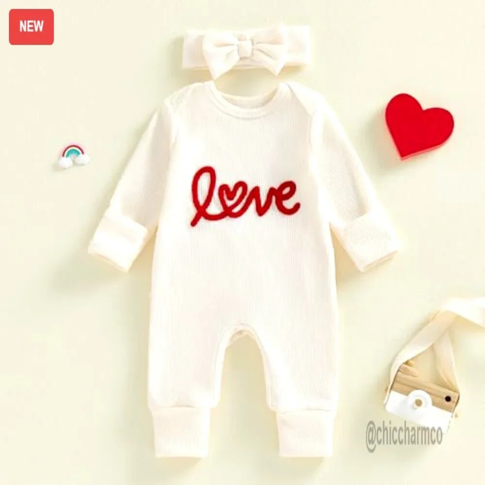 Newborn Valentine's Day Romper Long Sleeve Waffle Ruffle Jumpsuit with Headband